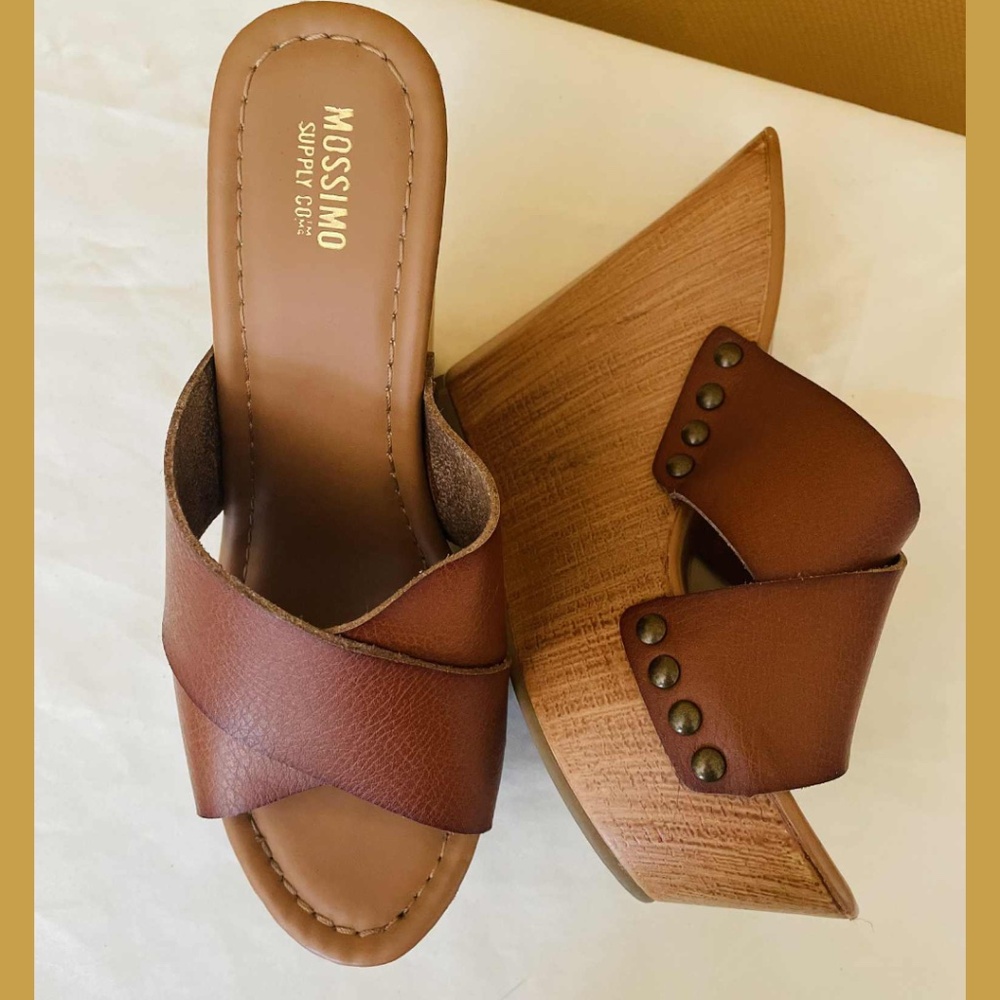 Mossimo Brown Leather Wooden Platform Wedge Slides Size 7 Boho